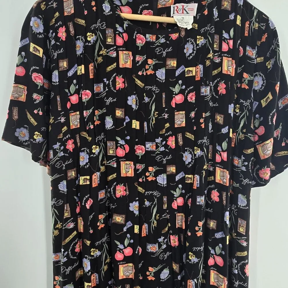 R+K Originals Womens‎ Size 16  Black Floral Midi Dress Short Sleeve Cottagecore